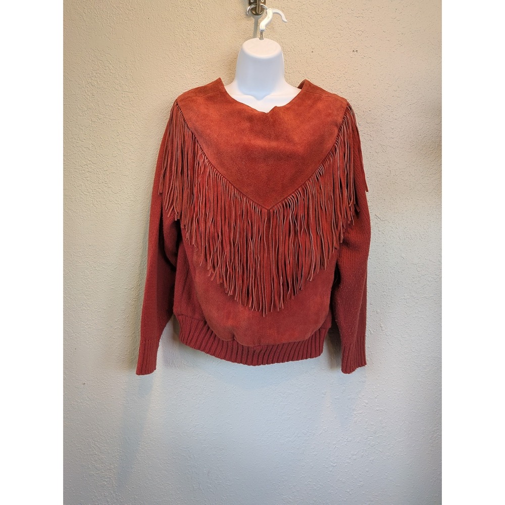 Pioneer Wear Fringe Sweater Cow Split Suede Leather Knit Western Style M